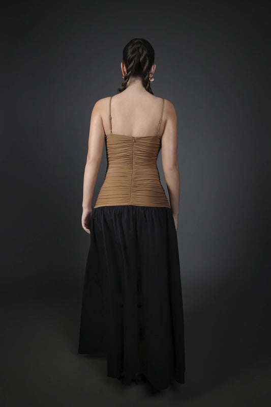 Draped Evening Dress – Brown & Black