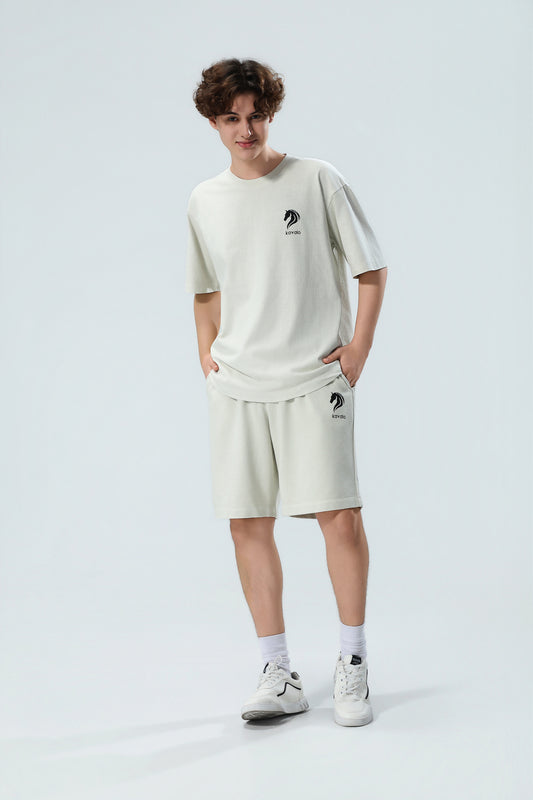 Premium Men's Off-White Oversized T-Shirt & Shorts Set – Soft Cotton Summer Lounge Set