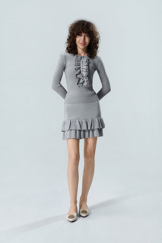 Women's Ruffle Knit Top & Mini Skirt Set – Heather Grey