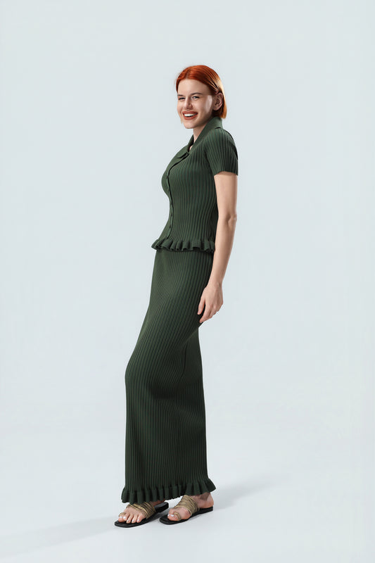Women's Premium Ribbed Knit Polo Top & Maxi Skirt Co-Ord Set – Elegant Two-Piece Outfit