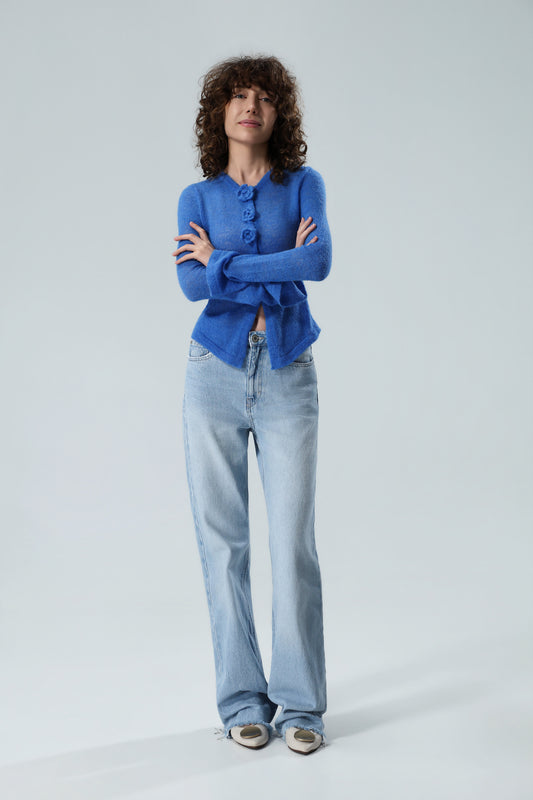 Women's Luminous Blue Floral Button Knit Cardigan – Slim Fit Soft Knit Top