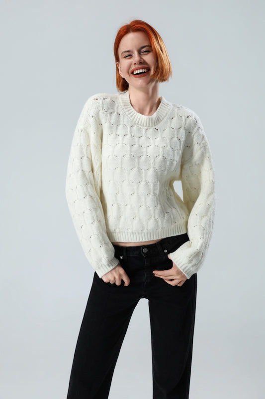 Women's Textured Knit Crop Sweater – Ivory White