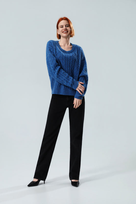 Women's Luminous Blue Cable Knit Sweater – Relaxed Fit Textured Pullover