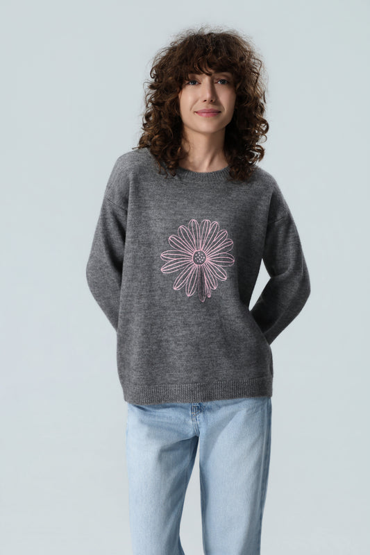 Women's Grey Floral Knit Sweater – Soft Crew Neck Embroidered Pullover