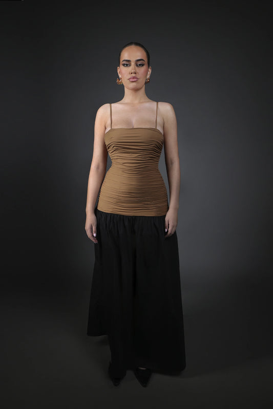 Draped Evening Dress – Brown & Black