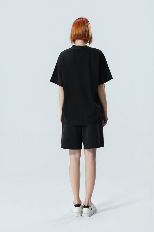 Premium Damen Oversized T-Shirt & Shorts Set in Schwarz – Sommer-Loungewear aus weicher Baumwolle