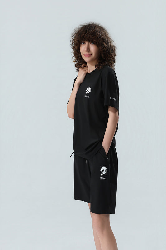 Premium Unisex Schwarzes Performance T-Shirt & Shorts Set – Weiches Baumwoll Active Sommer Set