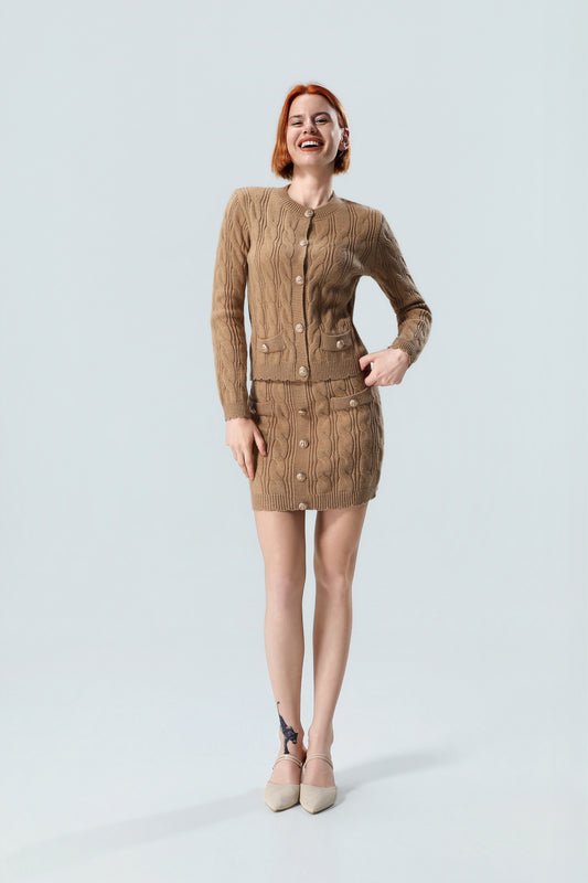 Women's Premium Cable Knit Cardigan & Mini Skirt Co-Ord Set – Elegant Two-Piece Sweater Outfit