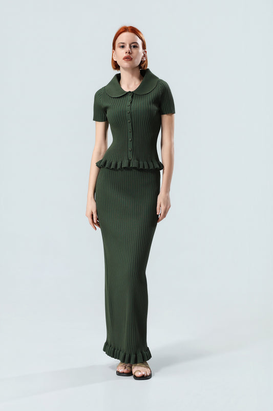 Women's Premium Ribbed Knit Polo Top & Maxi Skirt Co-Ord Set – Elegant Two-Piece Outfit
