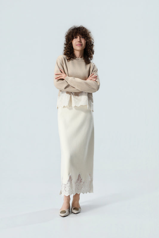 Women's Premium Knit Sweater & Lace Maxi Skirt Two-Piece Set – Beige & Ivory