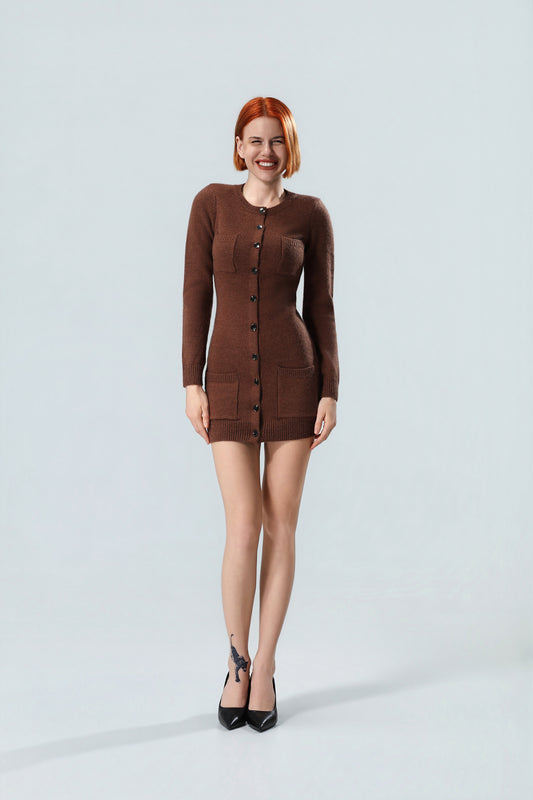 Women's Premium Button-Up Knit Mini Dress Cardigan – Chocolate Brown