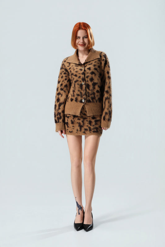 Women's Leopard Print Knit Cardigan & Mini Skirt Set