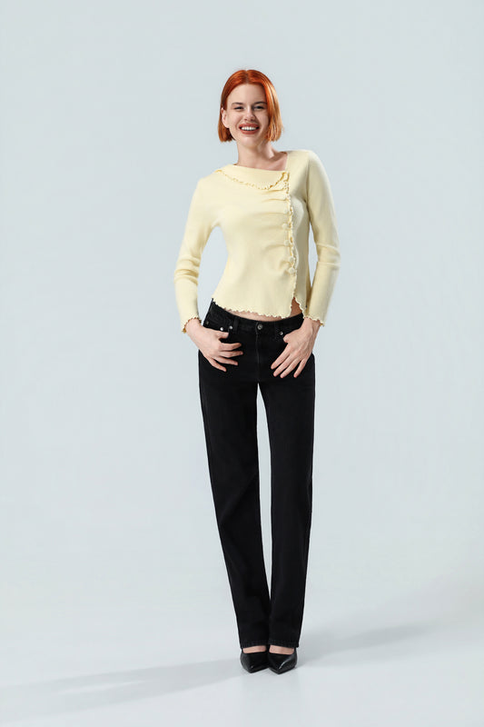 Women's Asymmetrical Button Knit Sweater – Light Yellow