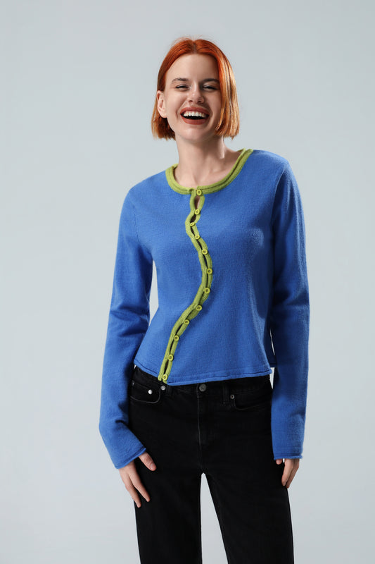 Title: Women's Luminous Blue Contrast Trim Knit Cardigan – Wavy Button Front