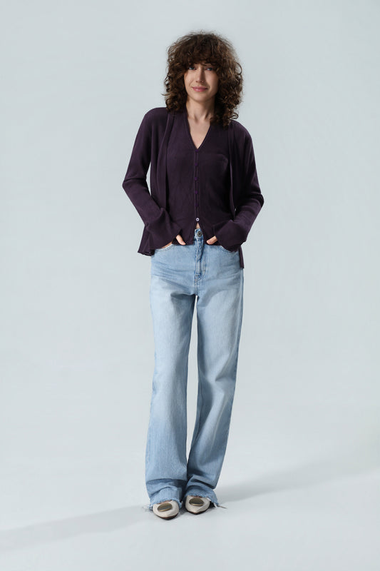 Women's Premium Ribbed Knit Twinset Cardigan & Camisole Set – Deep Plum Purple
