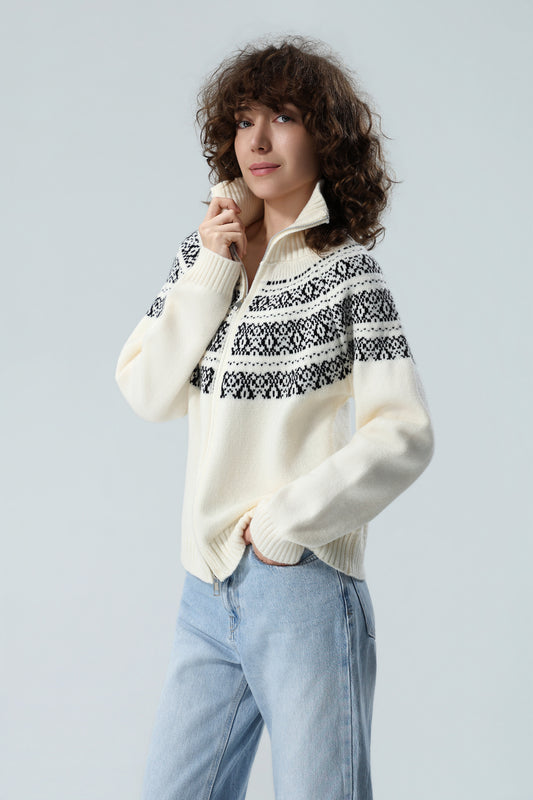 Women's Nordic Fair Isle Zip-Up Knit Sweater – Light Beige