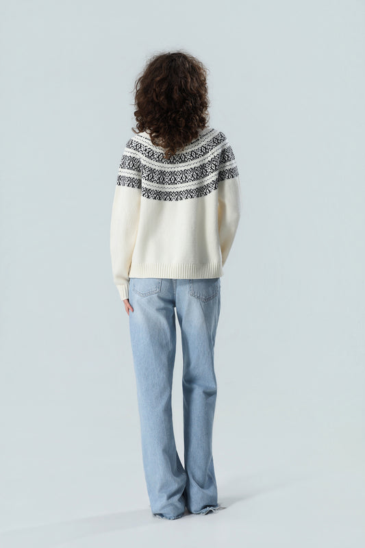 Damen-Strickjacke mit Reißverschluss im nordischen Fair-Isle-Muster – Hellbeige