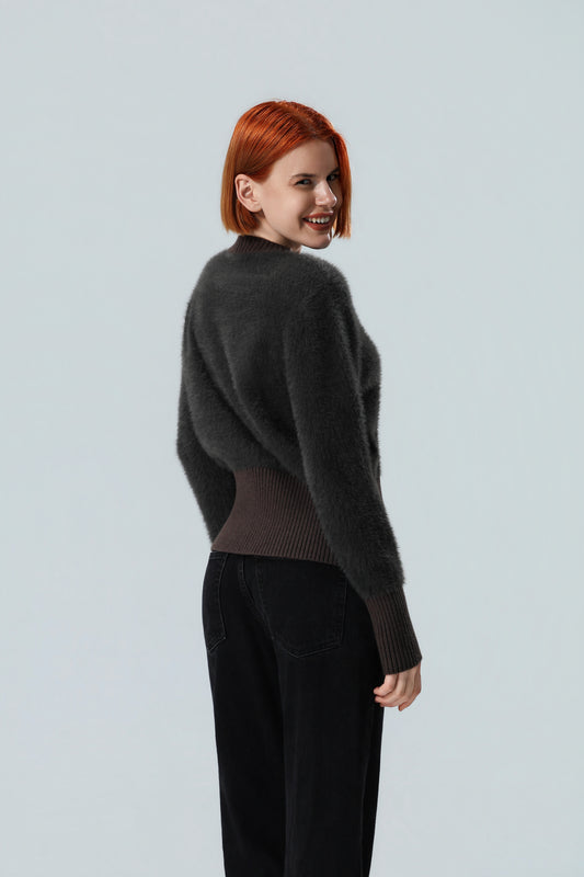 Premium Damen Fuzzy-Strick-Cardigan mit Knöpfen – Weiches Schwarz