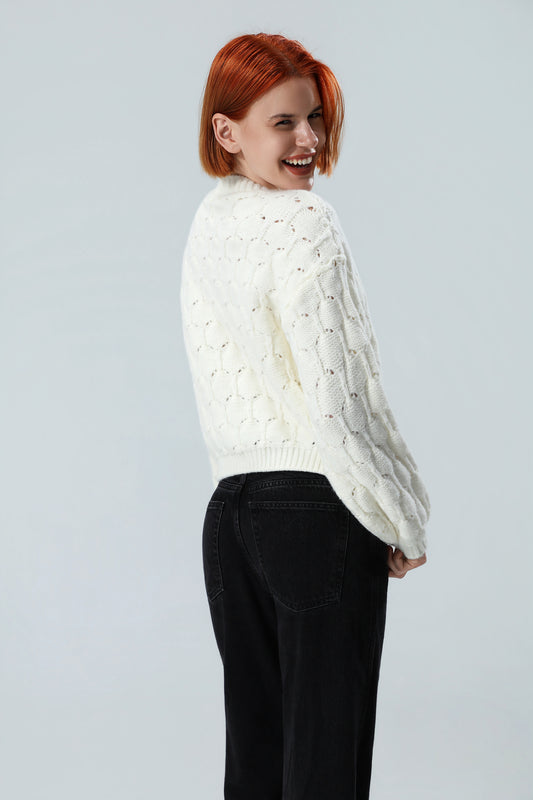 Damen Crop-Pullover aus Strukturstrick – Elfenbeinweiß