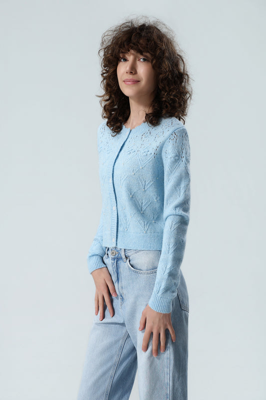 Damen Premium Strickjacke mit Perlenverzierung – Babyblau
