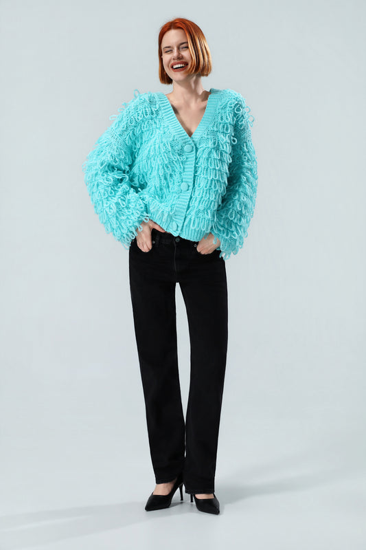 Women's Tiffany Blue Fringe Knit Cardigan