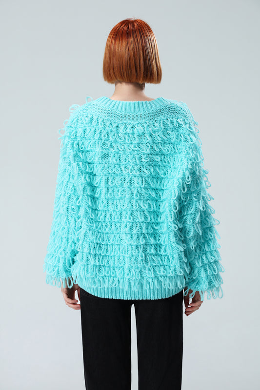 Tiffany-blaue Strickjacke mit Fransen für Damen