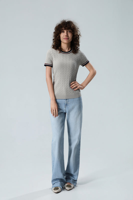 Women's Cable Knit Short Sleeve Top – Classic Grey Ribbed Sweater Tee