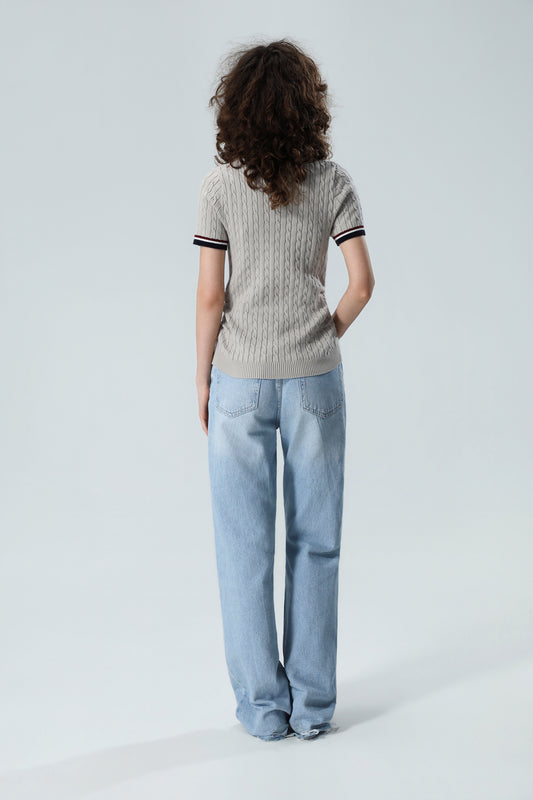 Damen Zopfmuster Kurzarm-Oberteil – Klassisches geripptes Sweatshirt-T-Shirt in Grau