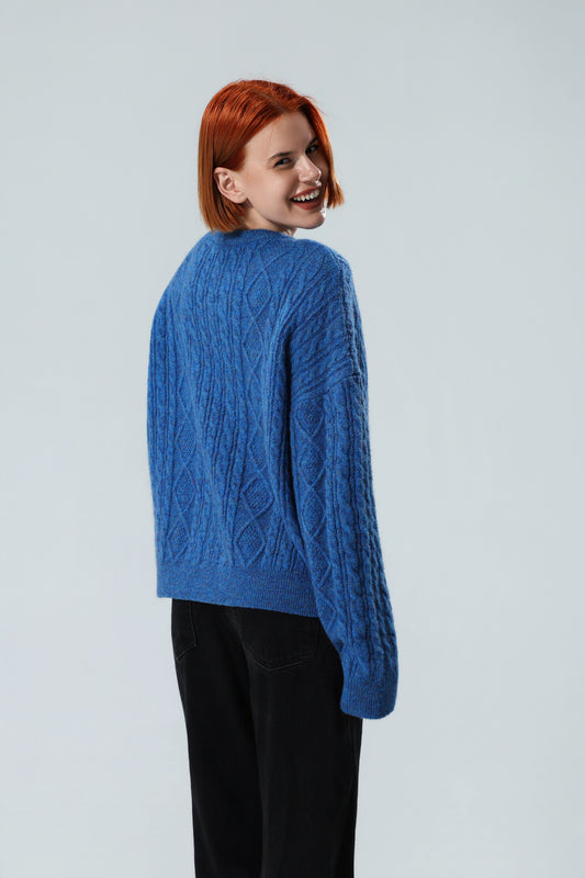 Damen leuchtend blauer Zopfstrickpullover – Entspannter Schnitt Strukturierter Pullover