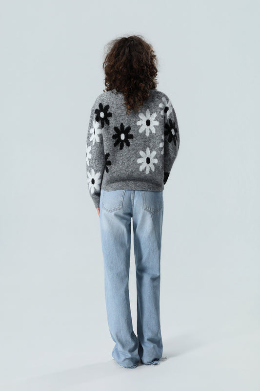 Damen Grau Gänseblümchen Muster Strickpullover – Weicher Floral Rundhalspullover