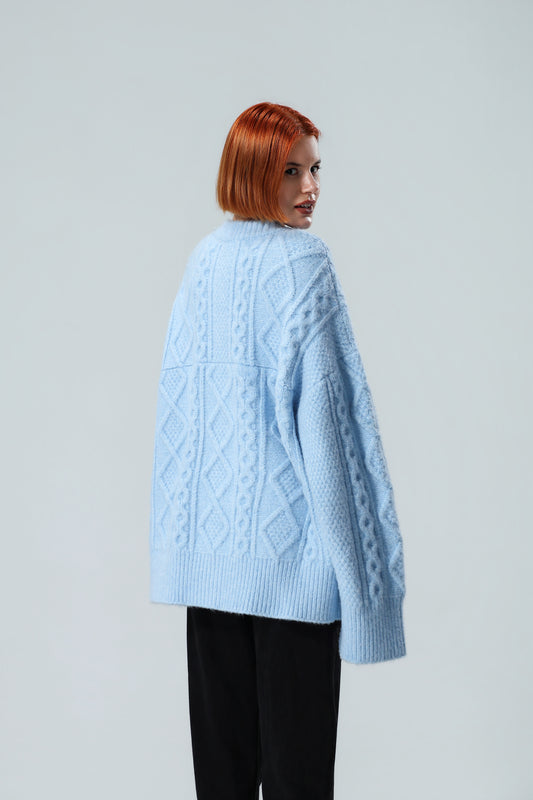 Damen Oversized Zopfstrick-Cardigan – Babyblau